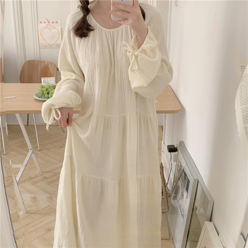 spring autumn cotton gauze nightgown women long sleeve breathable outwear home clothes soft sleepwear dress nightshirt L965 alx