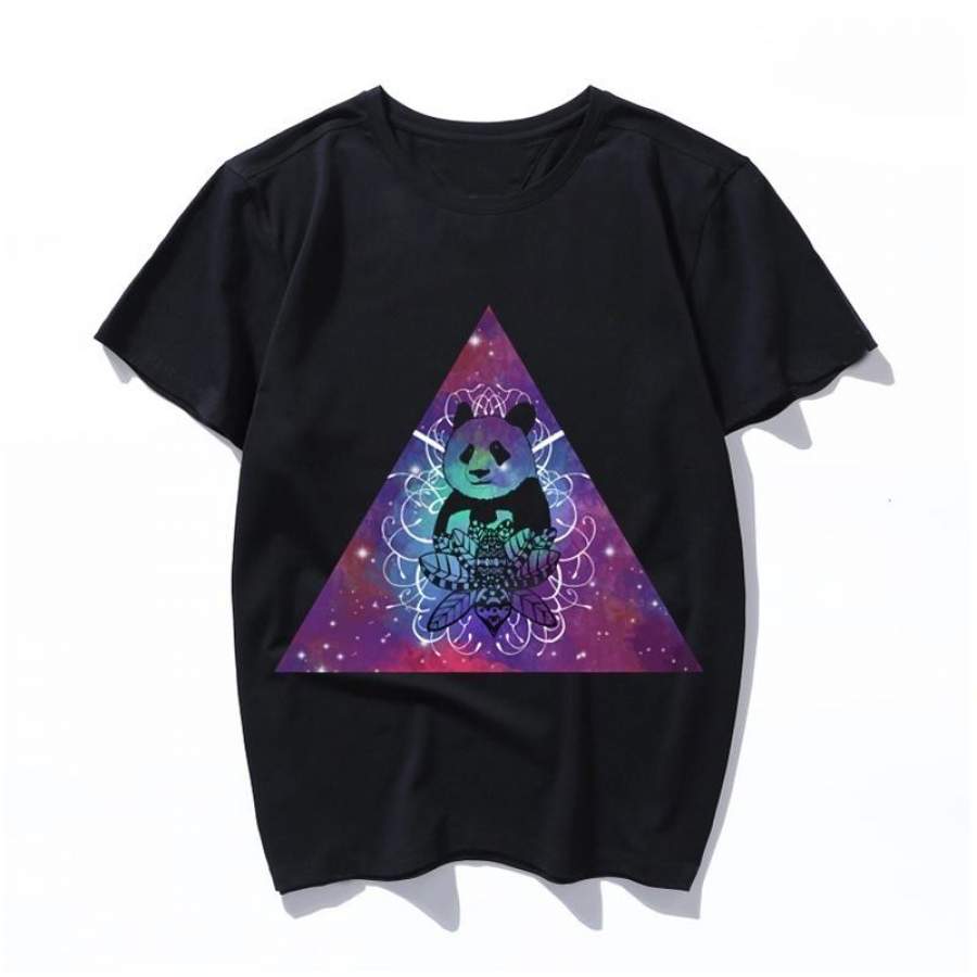 black panda in watercolor space background short sleeve cotton cool women T shirt casual summer men tshirt cool o-neck t-shirt male men tee shirt