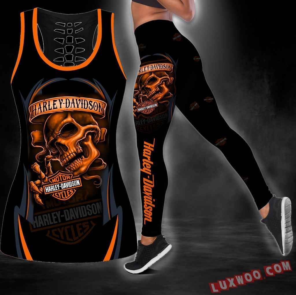 Combo Harley Davidson Orange Skull Hollow Tanktop Legging Set Outfit S1027