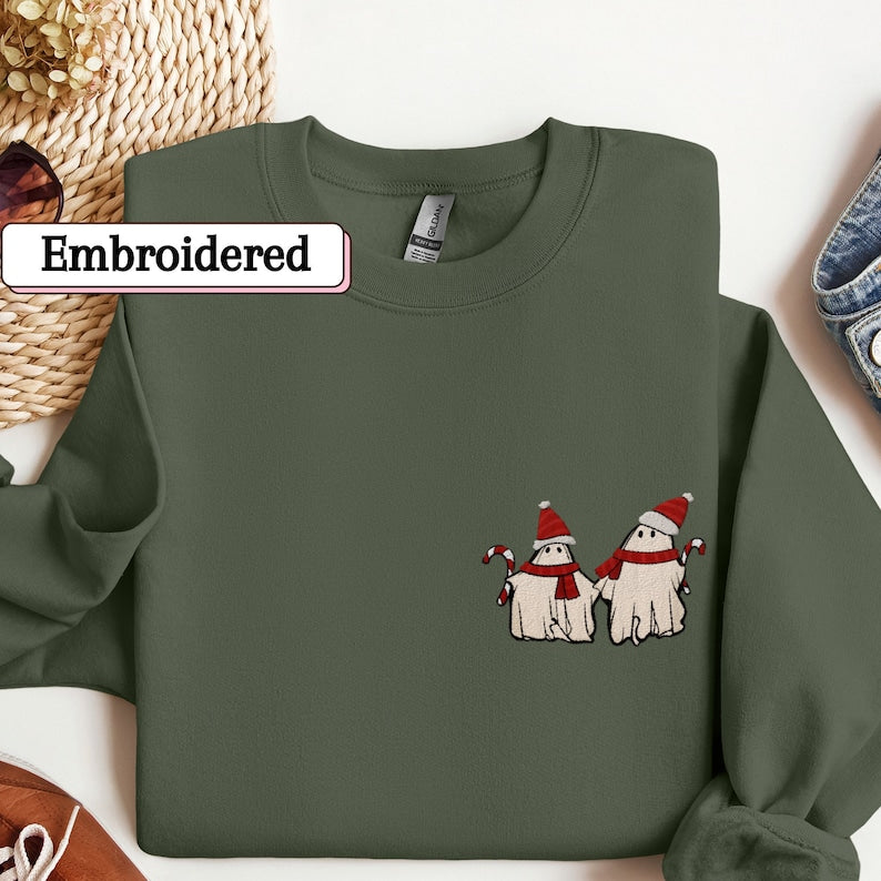 Cute Ghost Couple Christmas Embroidered Sweatshirt 2D Crewneck Sweatshirt All Over Print Sweatshirt For Women Sweatshirt For Men Sws4629