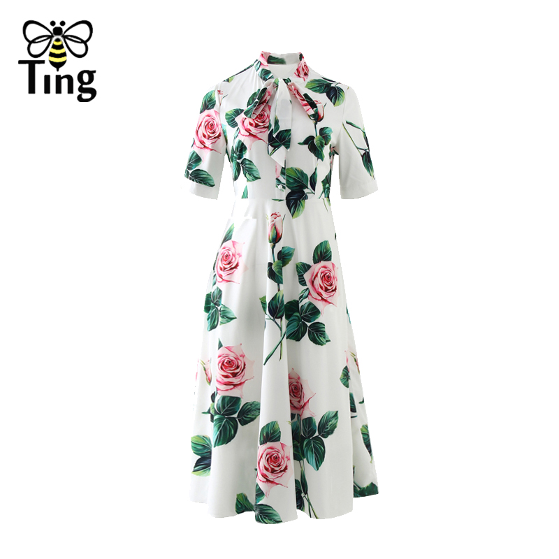 Tingfly Vintage Rose Flower Print Summer Party Dinner Dresses Retro Elegant High Waist Bow Collar Work Dress Plus Size Vestidos alx