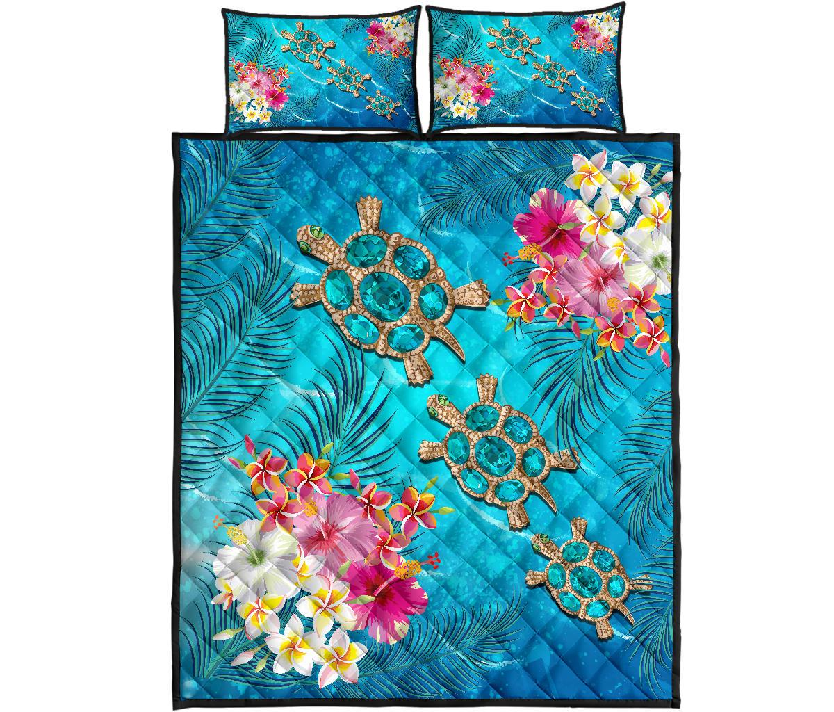 Hawaii Turtle Ocean Tropical Flowers Quilt Bed Set – Siri Style – AH – J2