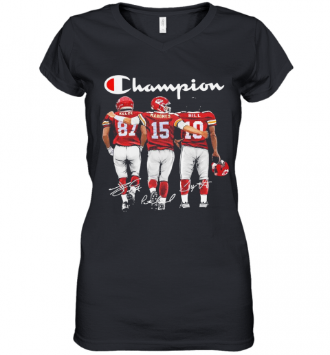 Kansas City Chief Kelce Mahomes And Hill Champion Signatures Women’S V-Neck T-Shirt