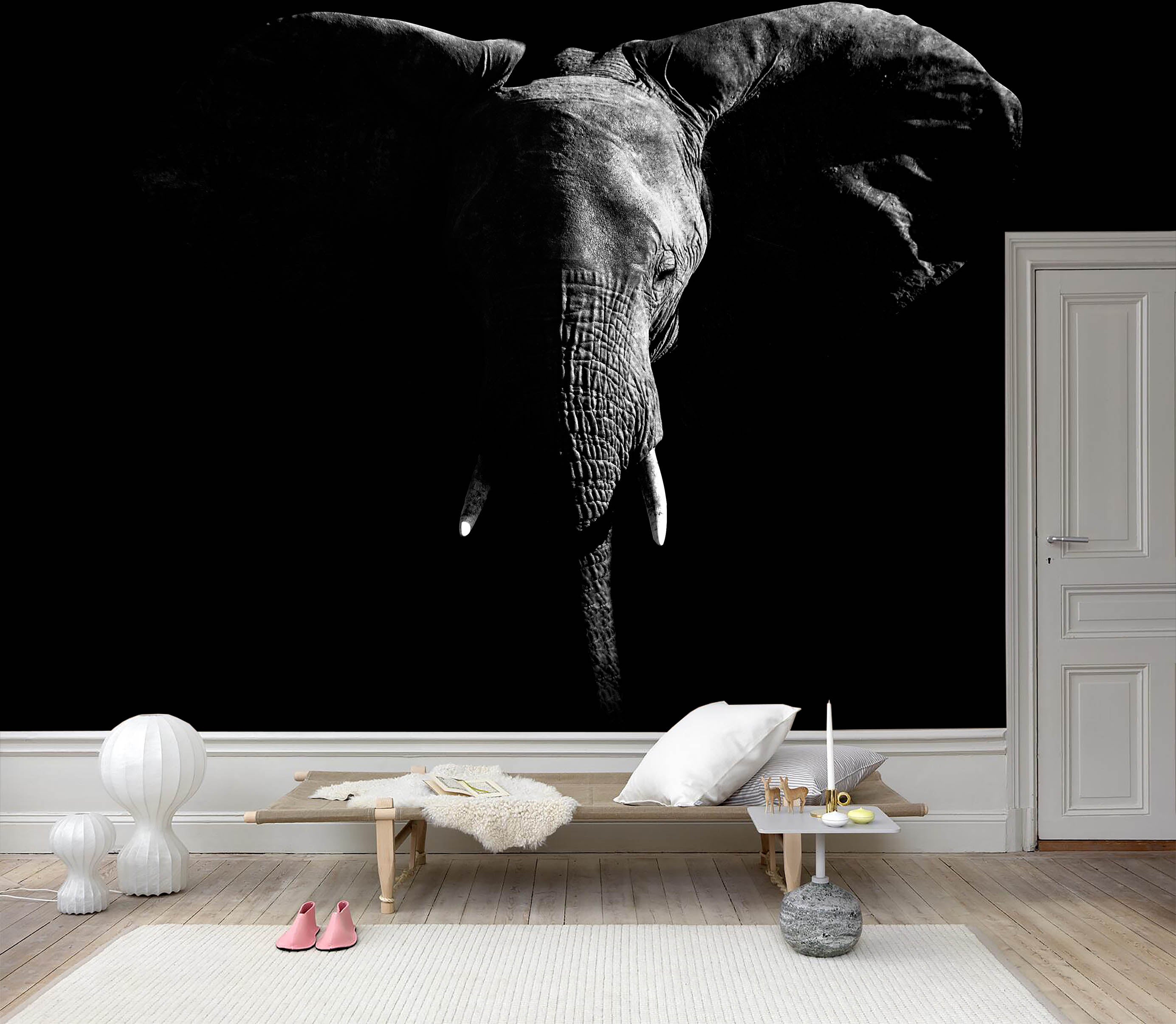 3D Black White Elephant Wall Mural Wallpaper 129