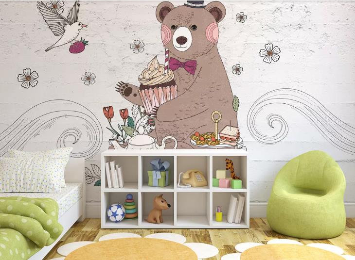 3D Hand Drawn Animal Bear Ice Cream Floral Wall Mural Wallpaper Lqh 457