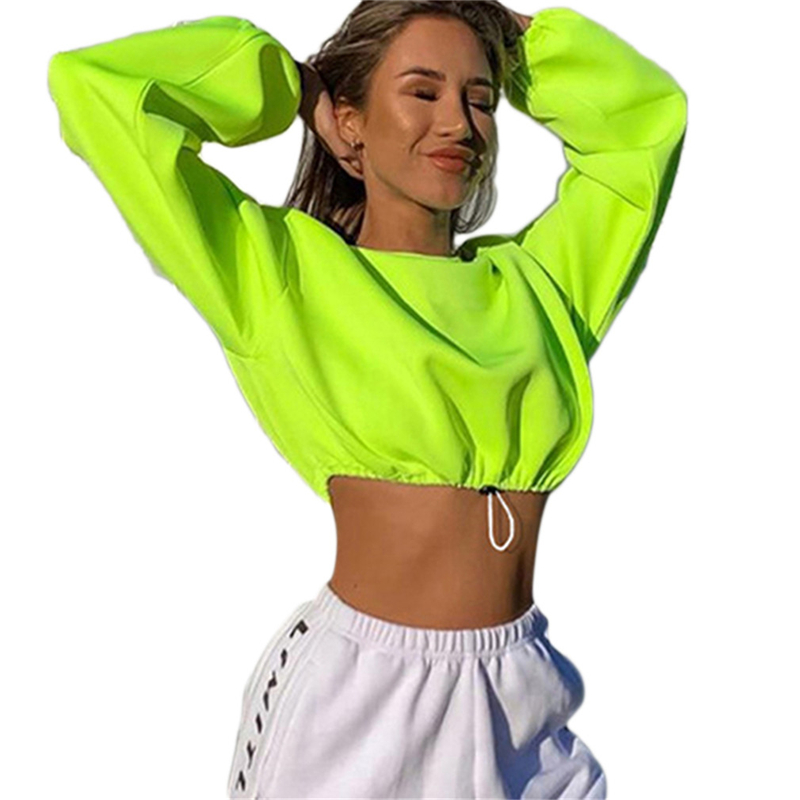 Autumn Neon Green Sweatshirts Long Sleeve O-neck Crop Top Lady Solid Streetwear Loose Bottom Drawstring Pullovers 2022 alx