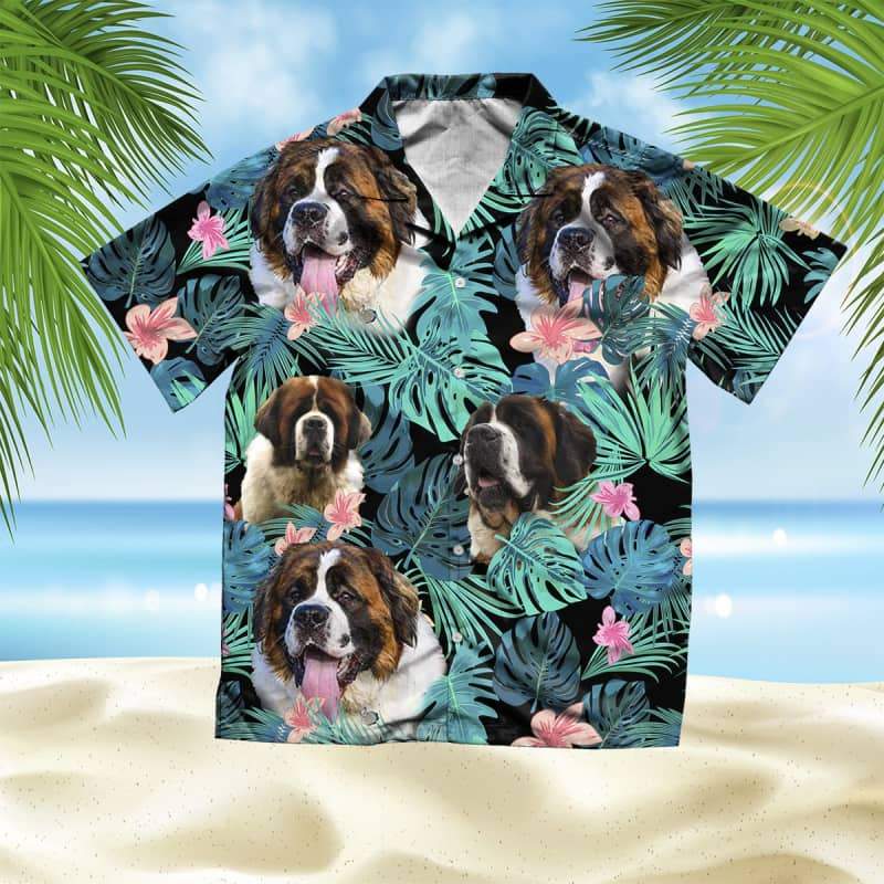 St Bernard Hawaiian Shirt, Dog Summer Leaves Hawaiian Shirt, Unisex Print Aloha Short Sleeve Casual Shirt