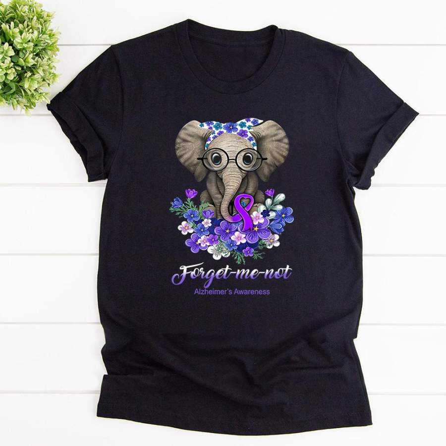 Elephants forget me not Alzheimer’s awareness elephant flower black cotton t shirt for men and women S-6XL