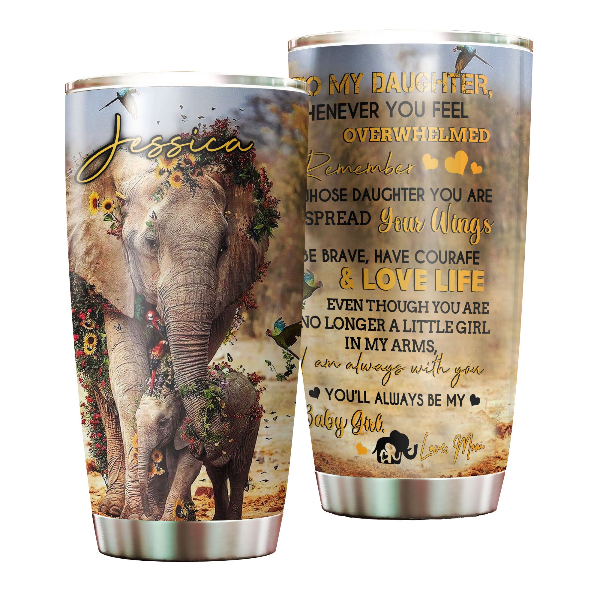 Personalized Elephant Mom To My Daughter Loving Letters Stainless Steel Tumbler – Double-Walled Insulation Travel Thermal Cup With Lid Mom Gift For Daughter Girl