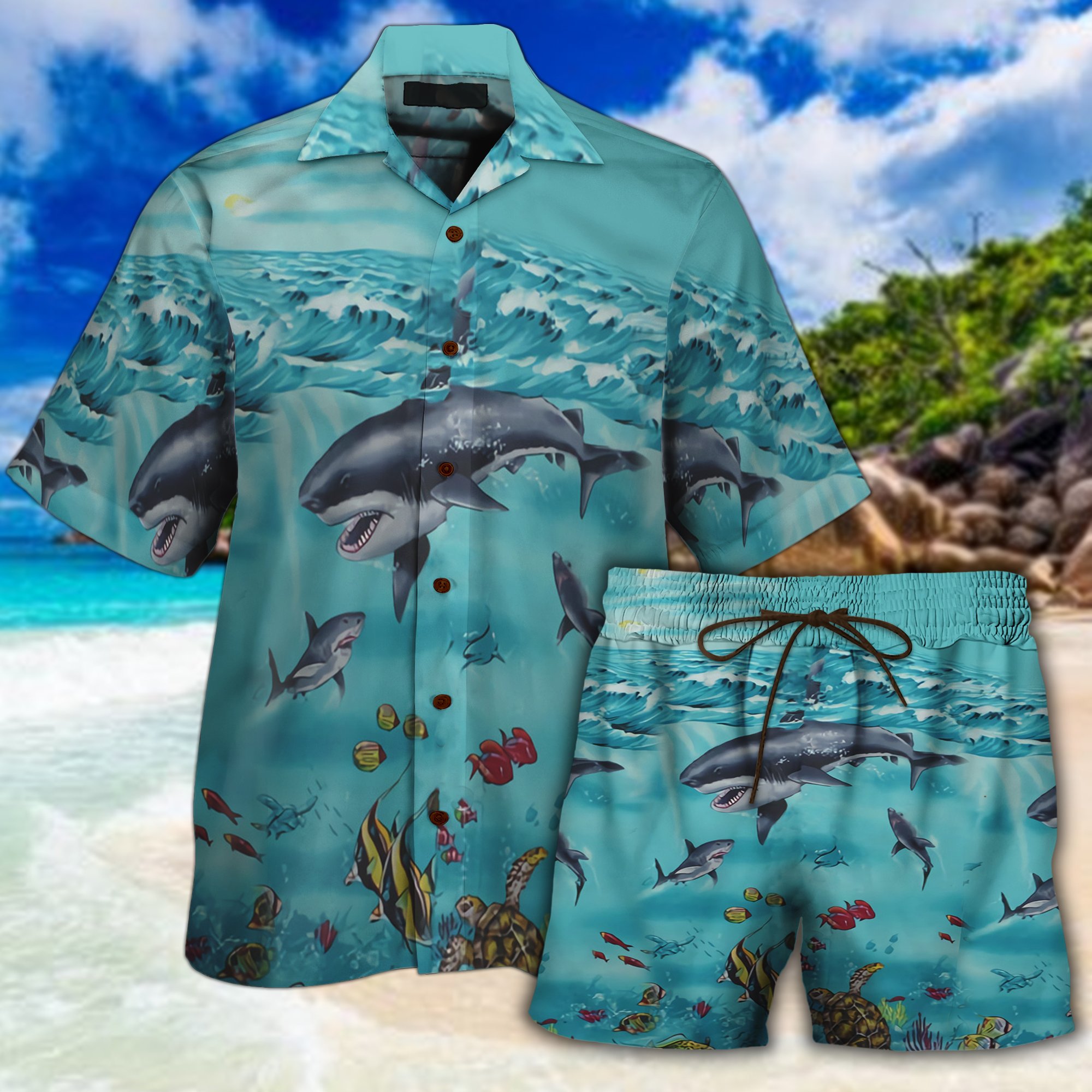 Shark Swimming All Over Printed Hawaii Shirt And Short Ha38231