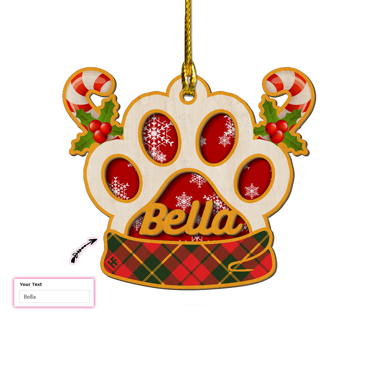 Dog Paw With Candy Cane Custom Layered Wood Ornament,  Personalized Dog Christmas Ornament, Christmas Gift For Dog Lover