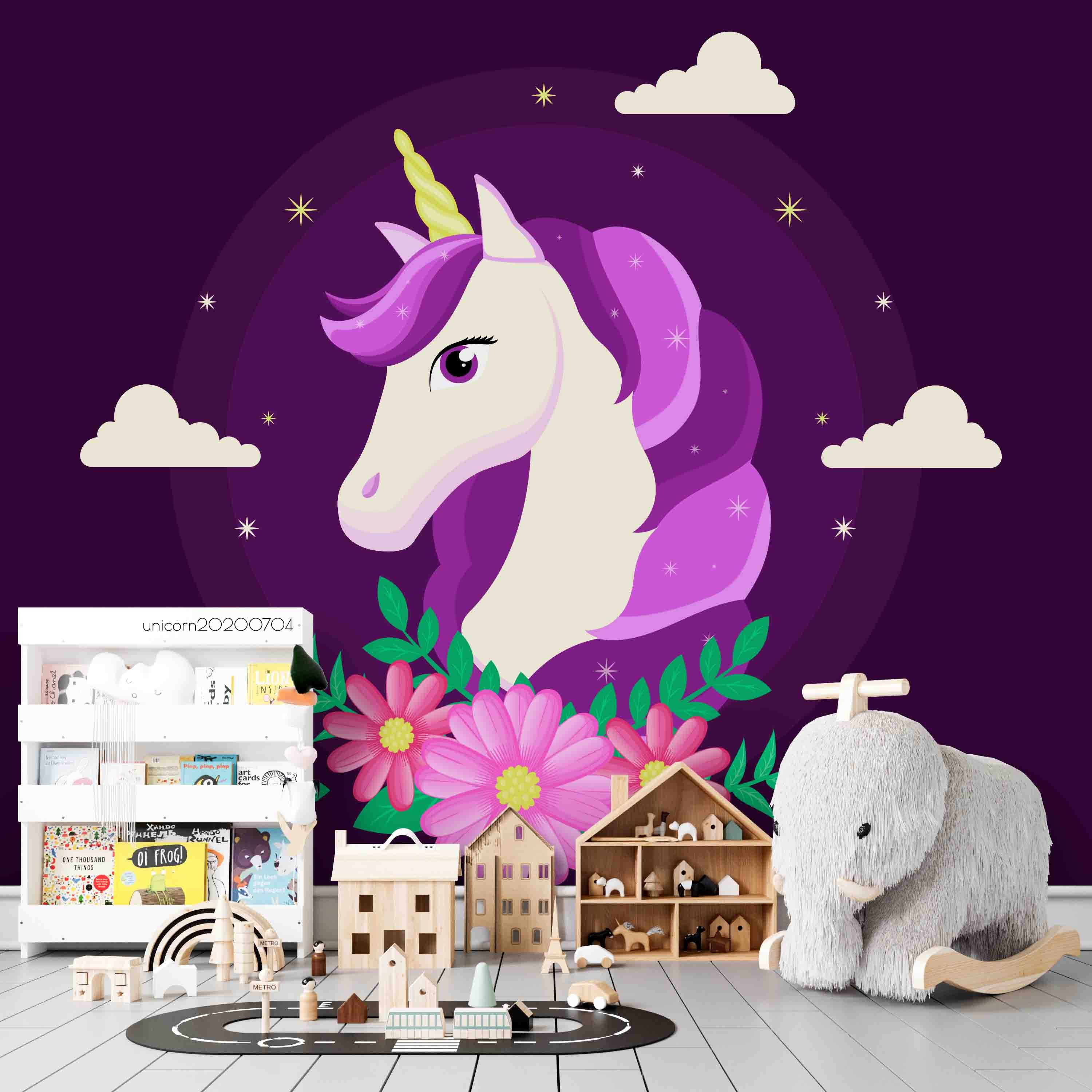 3D Cartoon Purple Wreath Unicorn Wall Mural Wallpaper Lxl 228