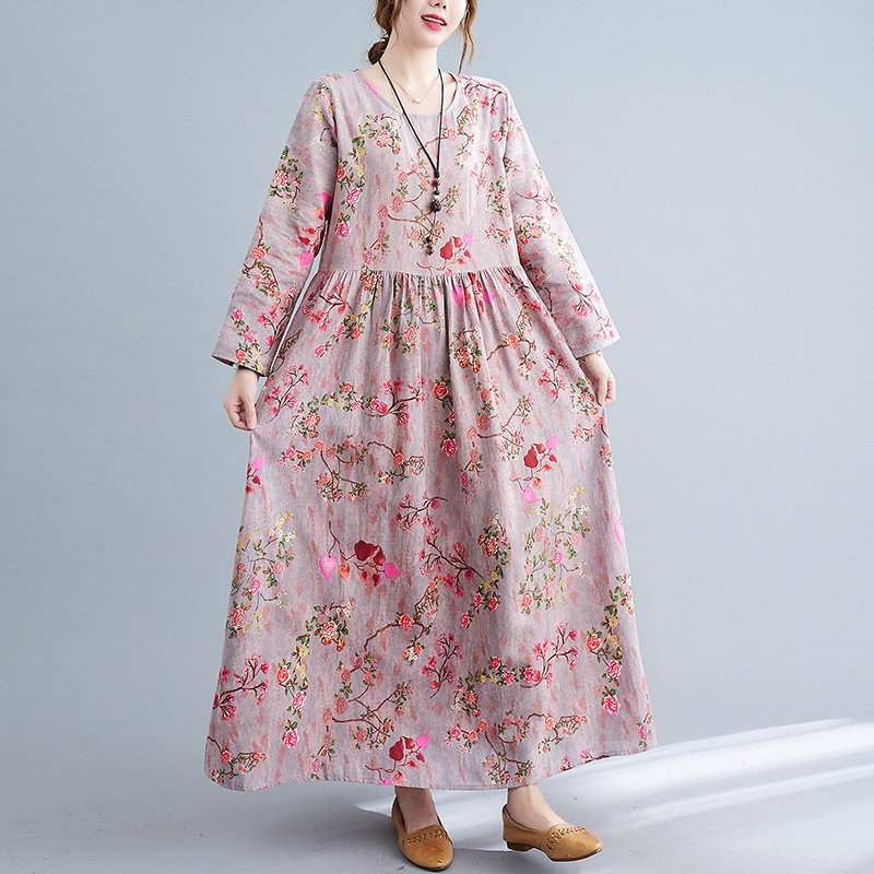 Women Cotton Linen Casual Pink Dress New Arrival 2021 Autumn Vintage Style O-neck Floral Print Loose Female A-line Long Dresses alx