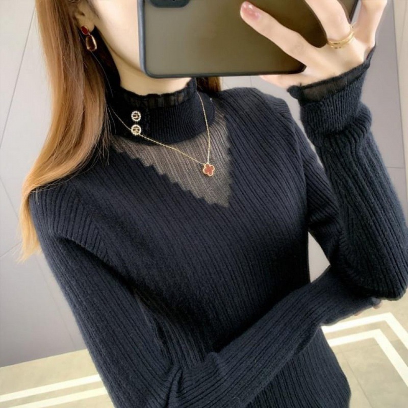 Velet Thick Half High Neck Sweater for Women Autumn Winter New Slim Fitting Lace Hollow Out Solid Color Elegant Bottom Sweater alx