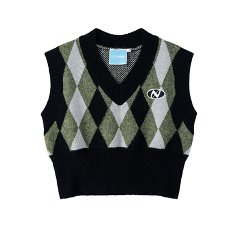 Sweater Vest Women Green American Retro Argyle Autumn Winter Causal All-match V-neck Knitting Cute Embroidery Soft Chic Simple alx