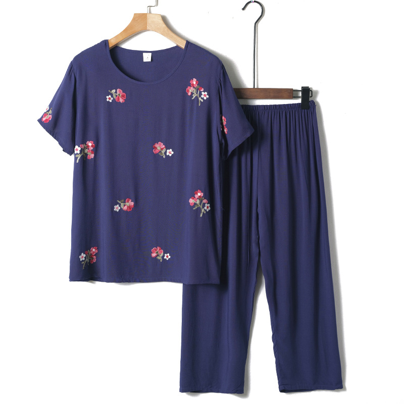 Summer Soft Mom Nightwear Cotton Set Woman Two Pieces Female Short Sleeve Casual Pajama Home Plus Large Size Flower Blue Pink alx