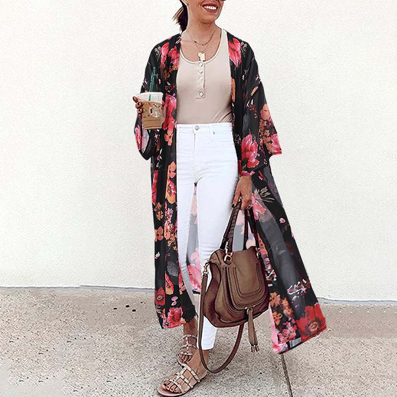 Bohemian Printed Maxi Kimono Women’s Summer Blouses ZANZEA 2022 Casual Long Sleeve Cover Up Female Floral Tunic Cardigan Tops alx