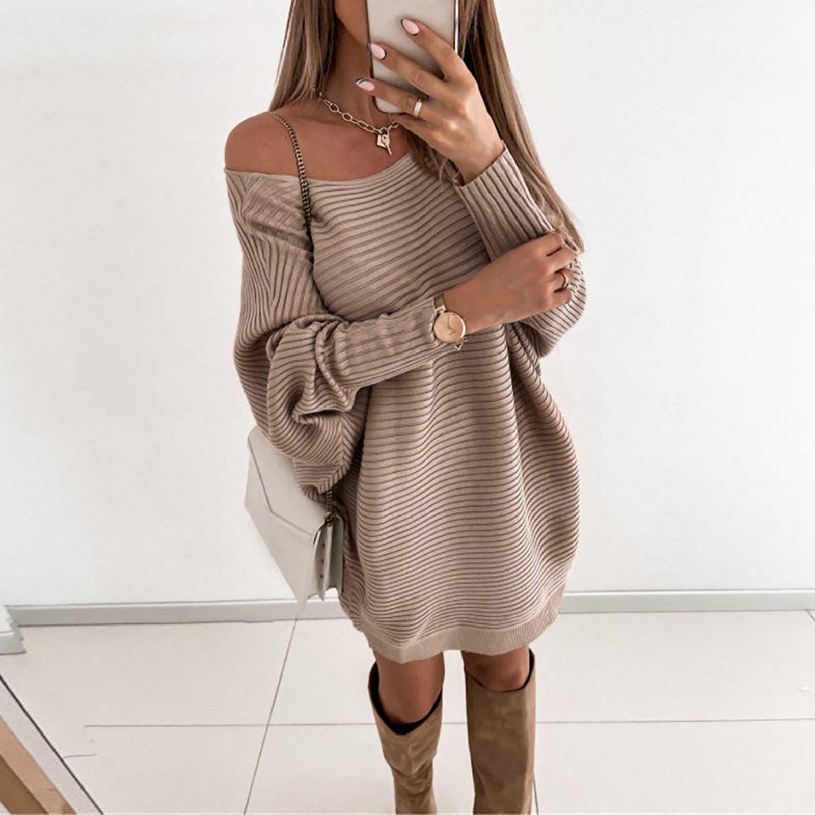 Women’S Long Sweatshirt Dress Knit Crewneck Pullover Casual Long Sleeve Mini Sweater Dress Autumn Winter Womens Loose Dresses alx