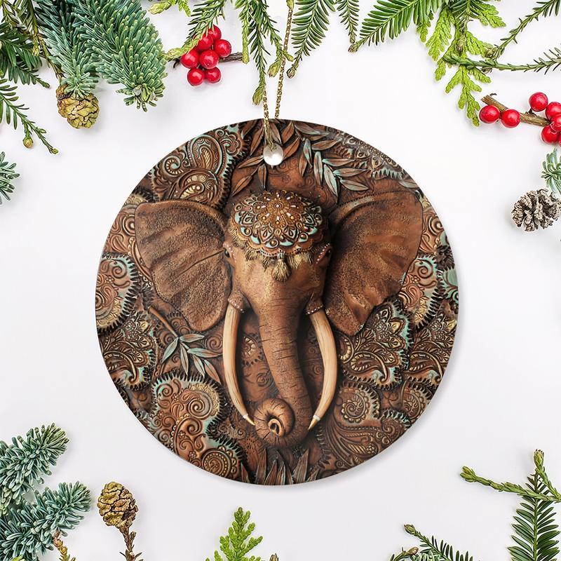 Elephant Wooden Circle Ornament, Custom Elephant Lovers Circle Ornament