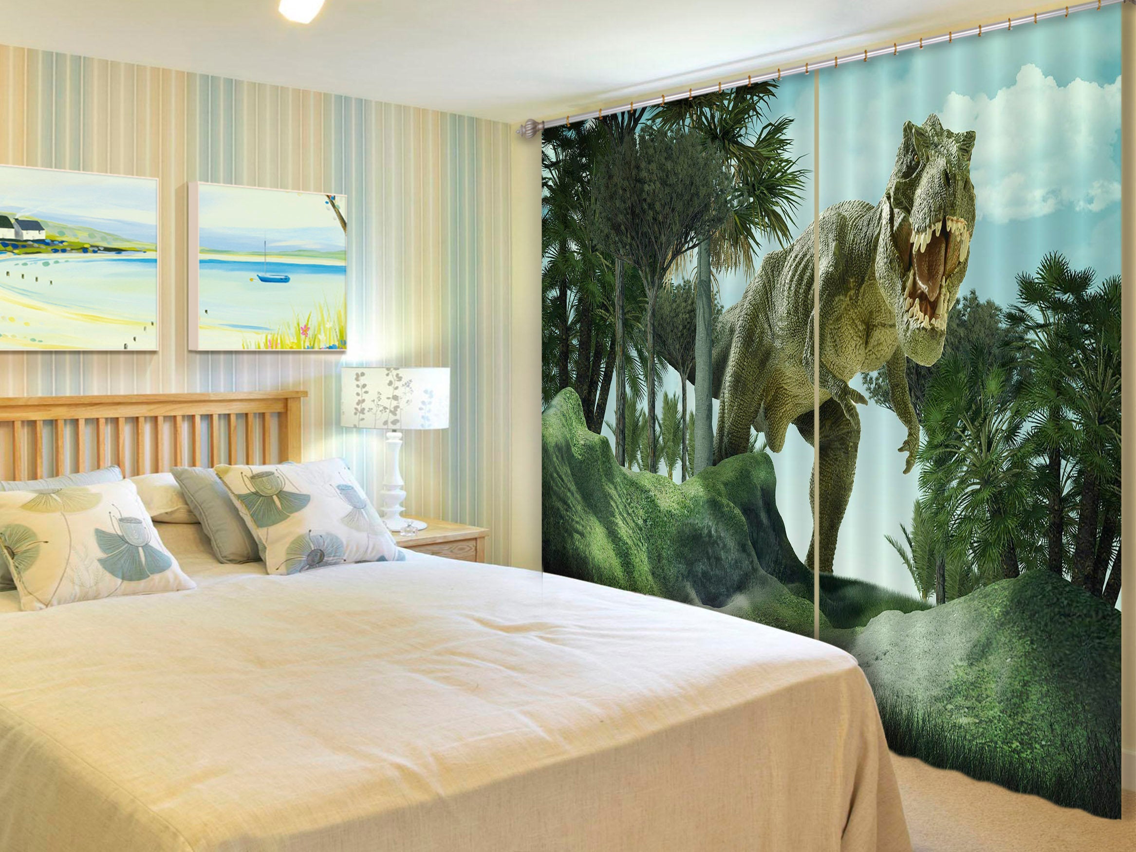 3D Dinosaur With Trees C029 Blockout Photo Curtain Print Curtains Drapes Fabric Window | 3D Large Photo Curtain, Jess Art Decoration Wallpaper