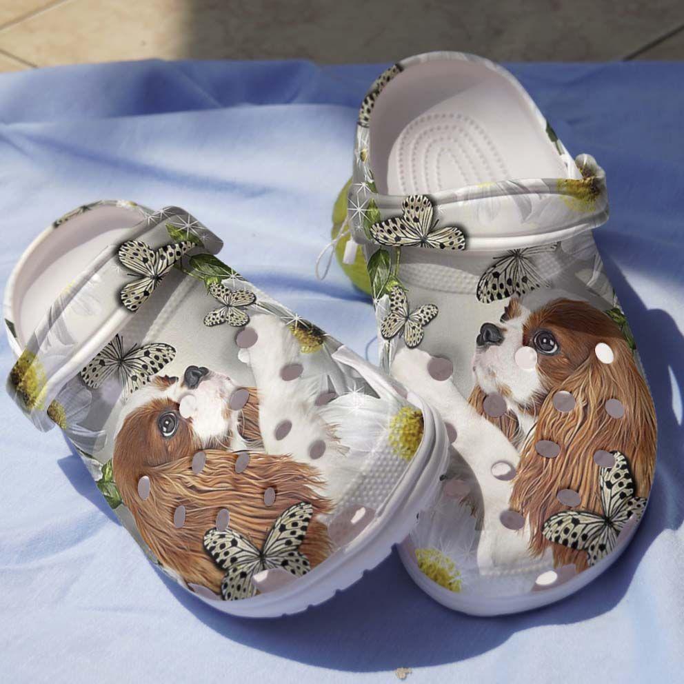 Cavalier King Charles Spaniel Clog Playing With Butterflies And Daisy Crocss Crocband Clog