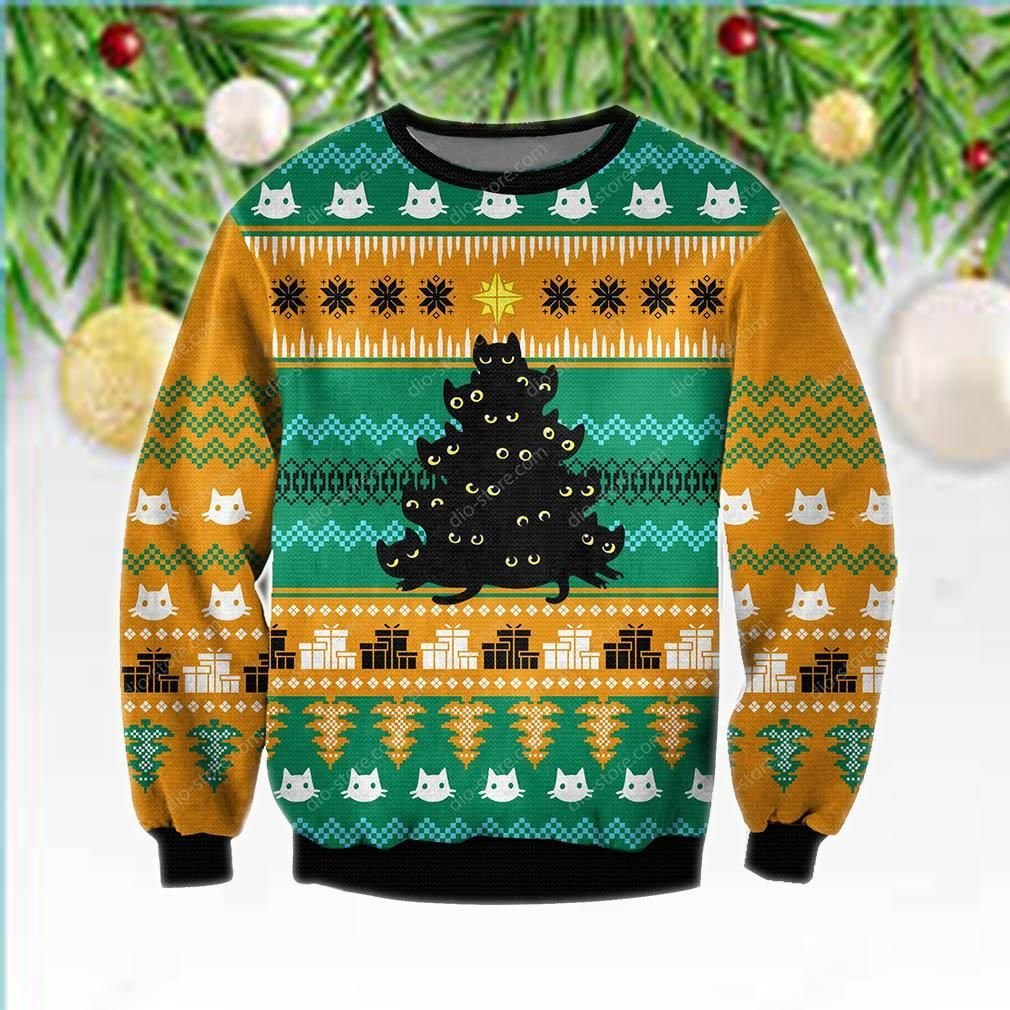 Black Cat Tree Meowy Ugly Christmas Orange Sweater