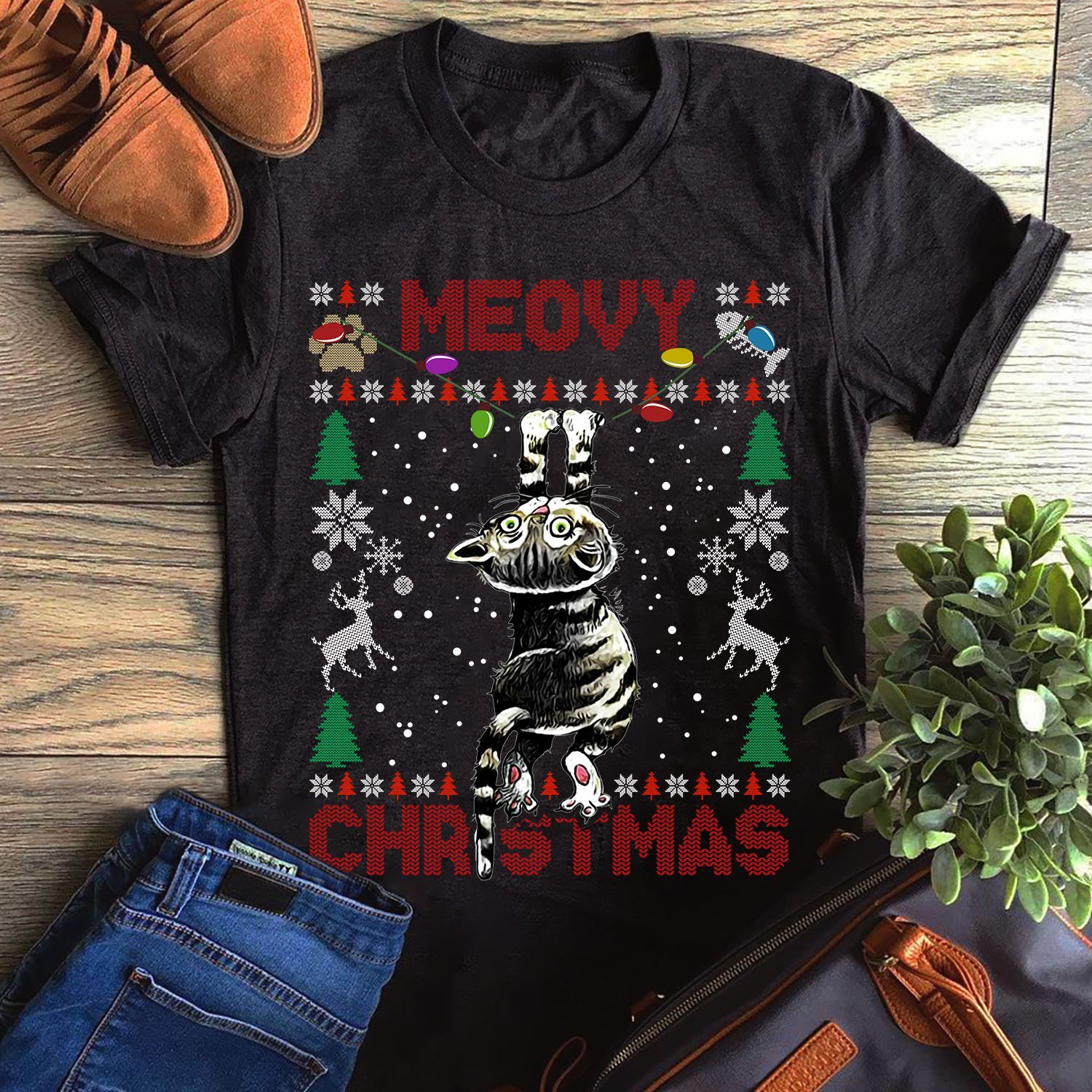 Meowy Christmas Funny Cat Kitten Ugly Sweater Unisex T-Shirt Hoodie Sweatshirt Plus Size S-5Xl