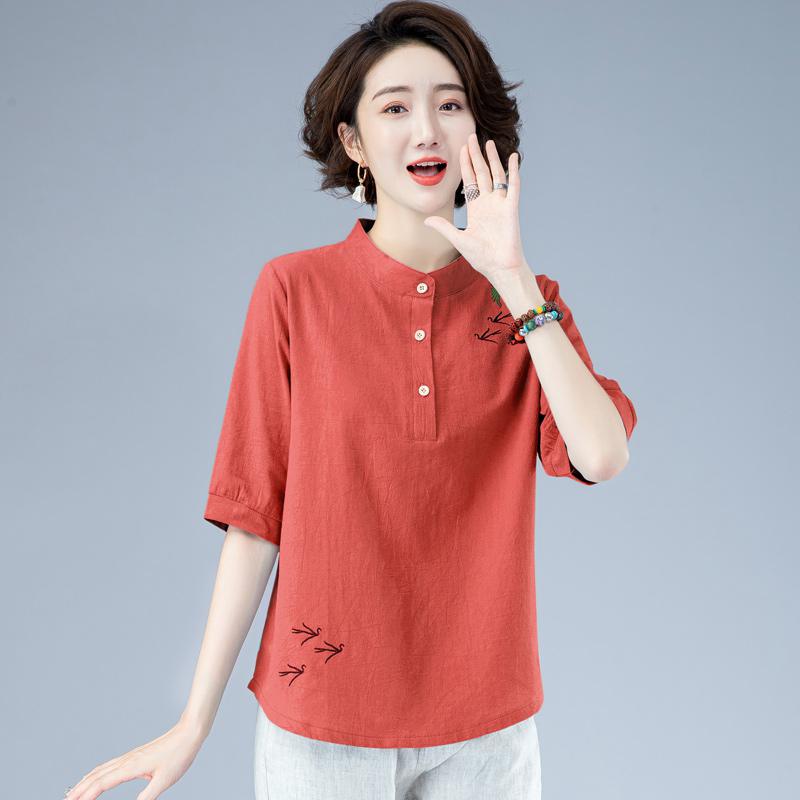 T-shirt Women’s 5 / 4 Sleeve 2022 Summer New Loose Cotton Hemp Casual Versatile Round Neck Embroidered Top alx