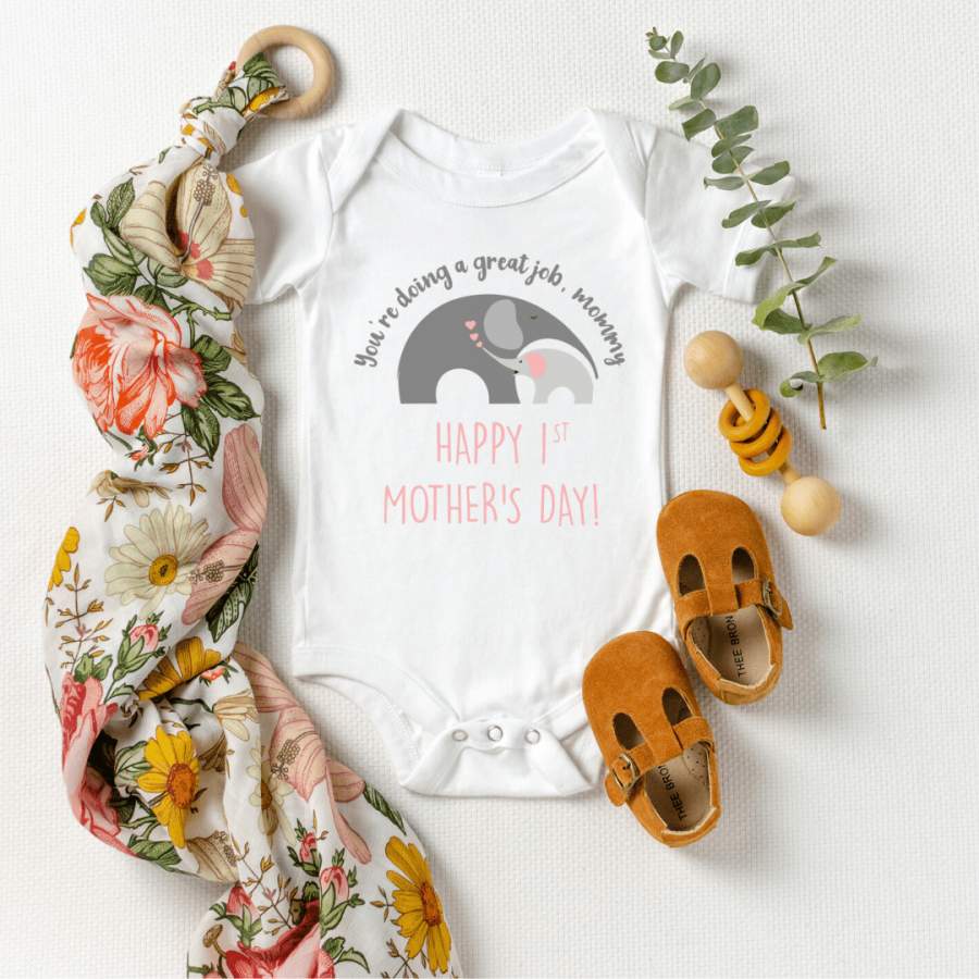 Our First Mother’s Day Cute Personalized Mother’s Day baby bodysuit Elephant Baby Mother Happy Mothers Day bodysuit Best Mama shirt