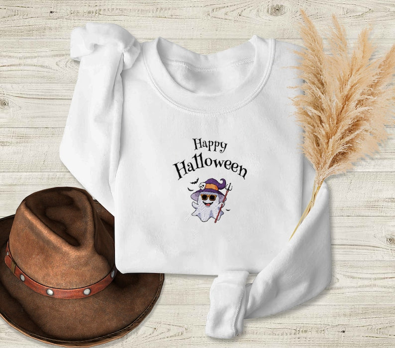 Cute Ghost Witch Halloween Embroidered Sweatshirt 2D Crewneck Sweatshirt All Over Print Sweatshirt For Women Sweatshirt For Men Sws4909