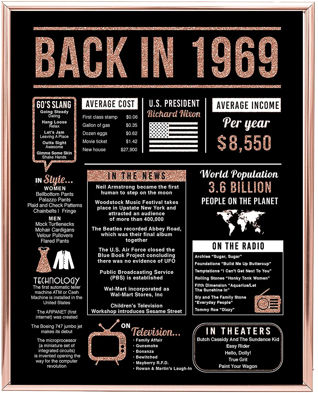 Back In 1969 Hot Events Poster Rose Gold Art Birthday Gifts 51 Year Olds 51Th Anniversary Home Decor Rose Gold Gift For Man Woman Canvas