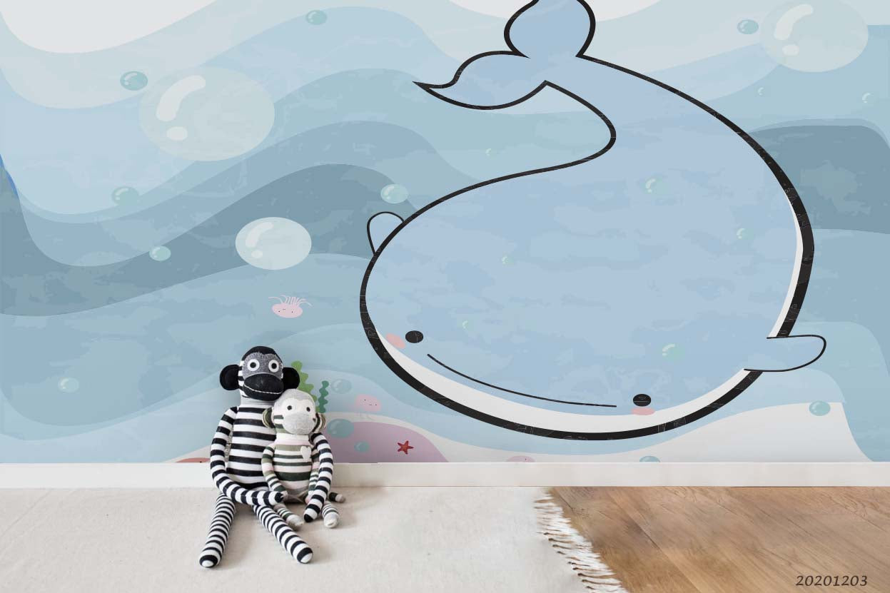 3D Cartoon Ocean Baby Whale Blue Wall Mural Wallpaper Lxl