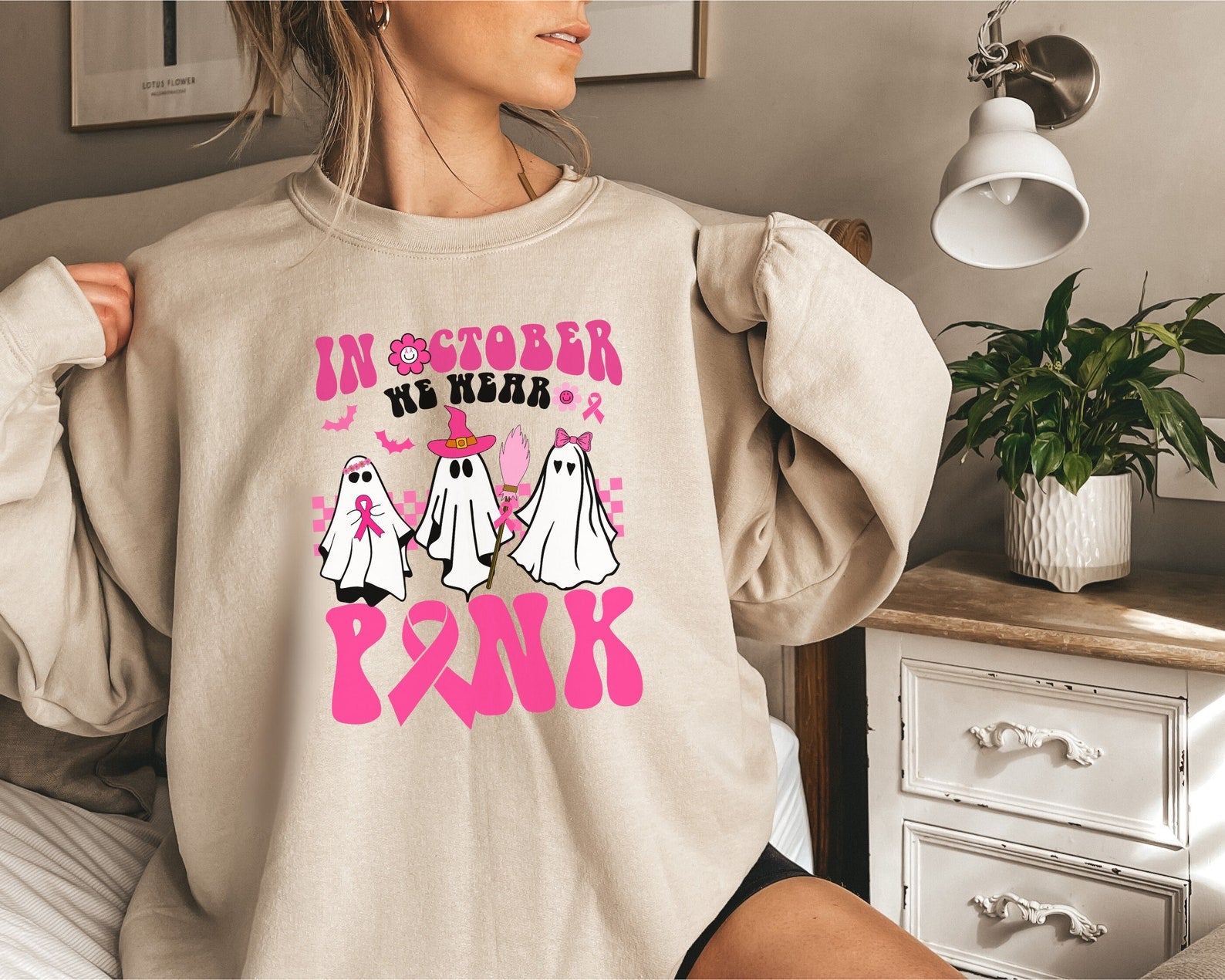 Pink Cute Ghost 2D Crewneck Sweatshirt All Over Print Sweatshirt For Women Sweatshirt For Men