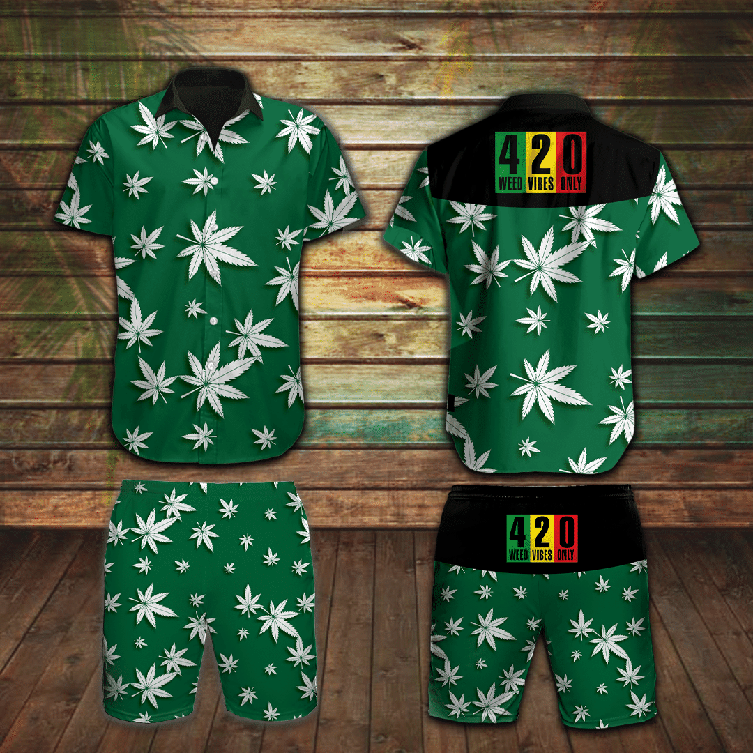 Cannabis Leaves All Over Print Aloha Summer Beach Hawaii Shirt Shorts Green Ha22141