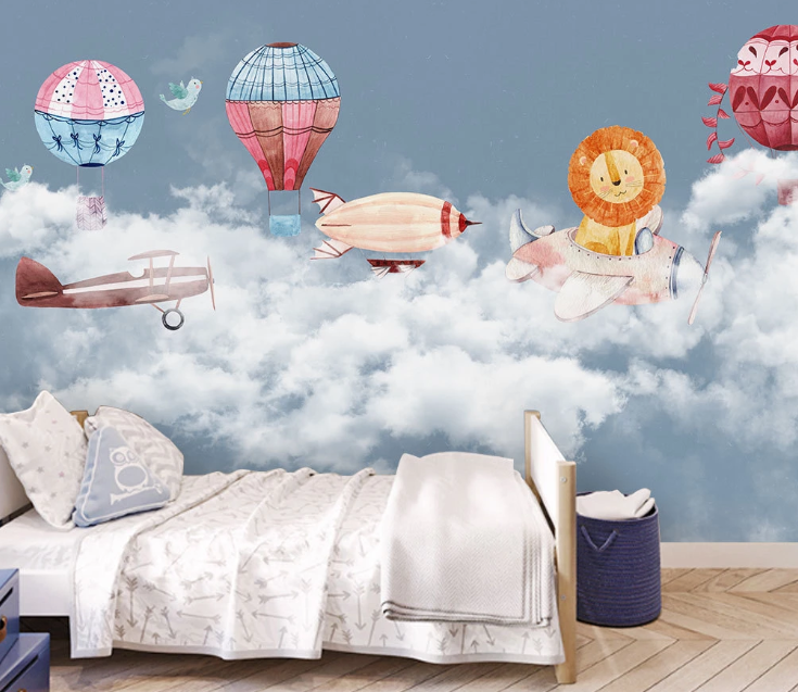 3D Hot Air Balloon Lion Aircraft Wall Mural Wallpaper Sf415