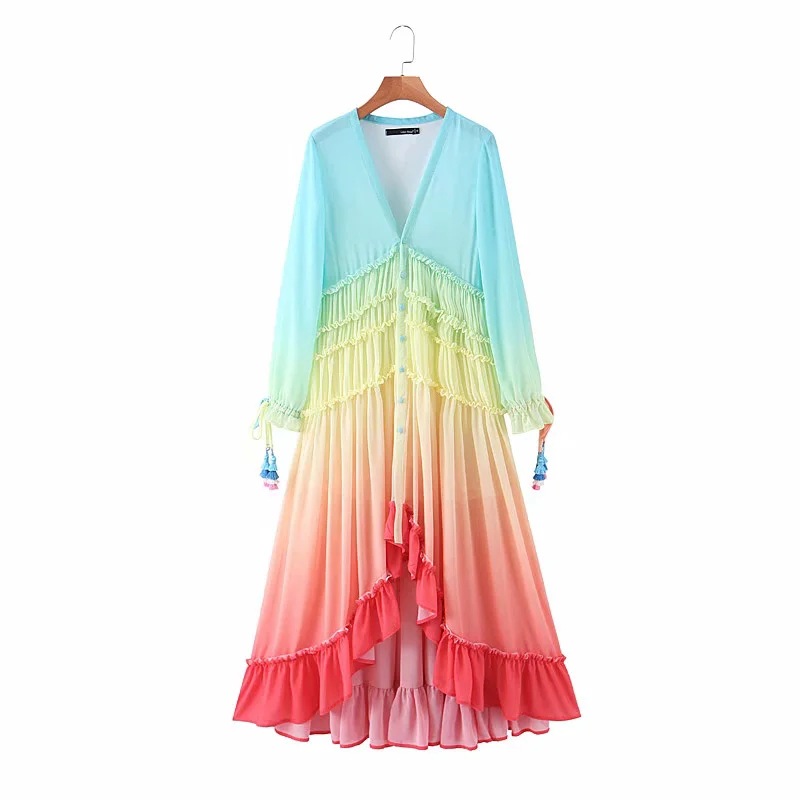 Women’s Summer Bohemian Dress Printing Gradient Elegant Maxi Dress Patchwork Rainbow Color Party Dress Ruffles Sweet Vestidos alx