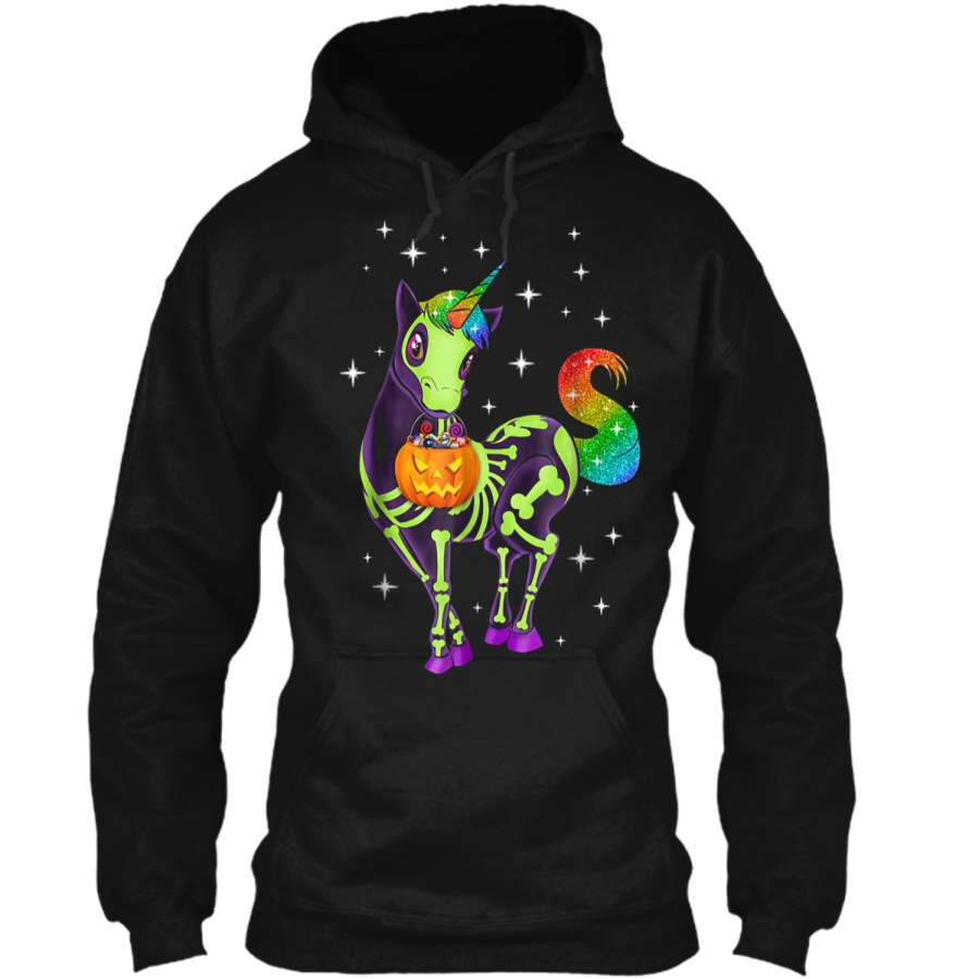 Unicorn Skeleton Halloween Magical Candy Glow Gift  Pullover Hoodie 8 oz