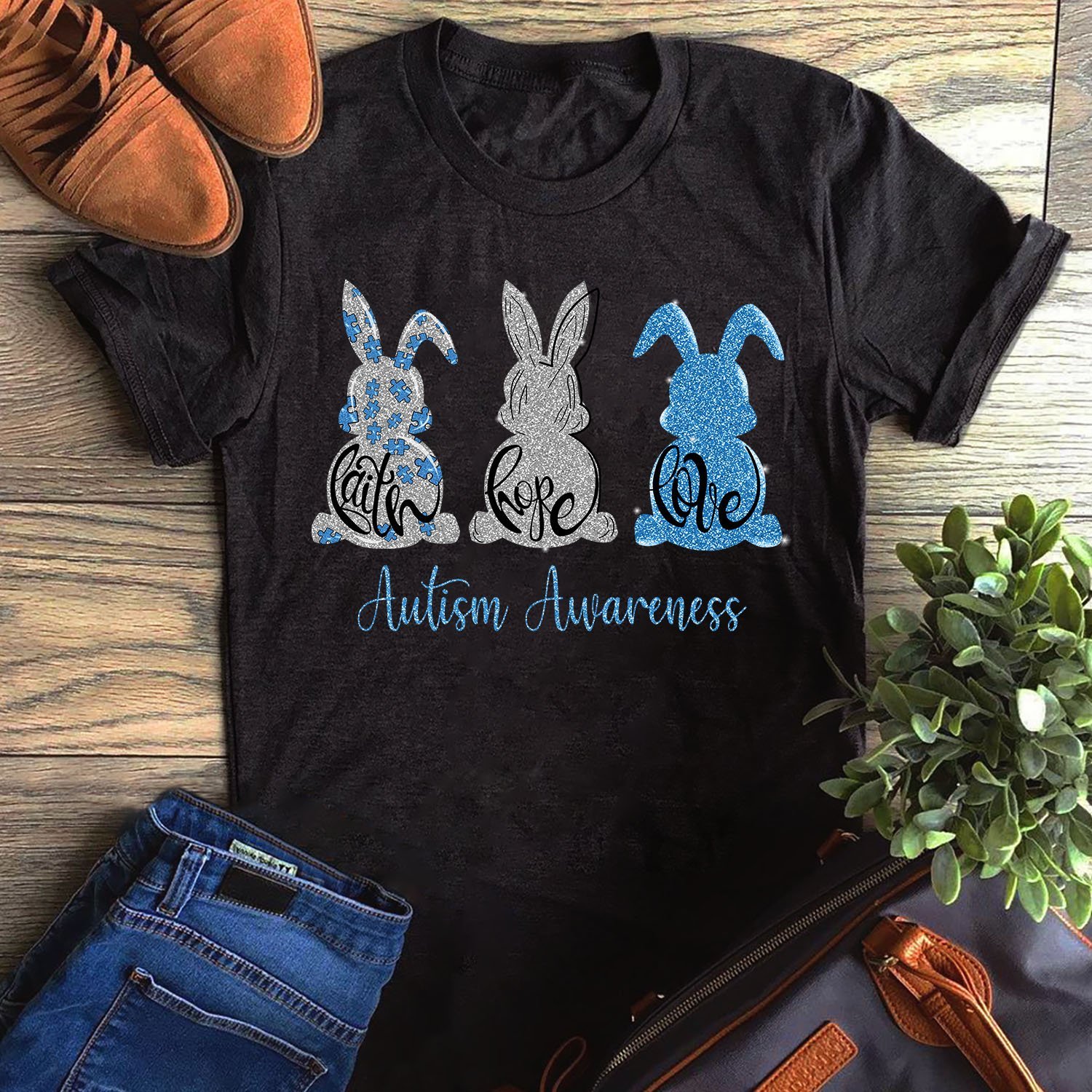 Bunny Easter Faith Hope Love Autism Awareness Unisex T-Shirt Hoodie Sweatshirt Plus Size S-5Xl