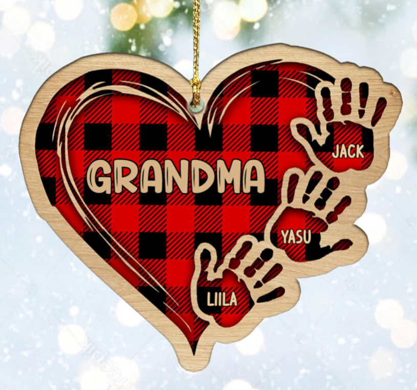 Grandma Mom Heart Hand Print Personalized Wood Ornament