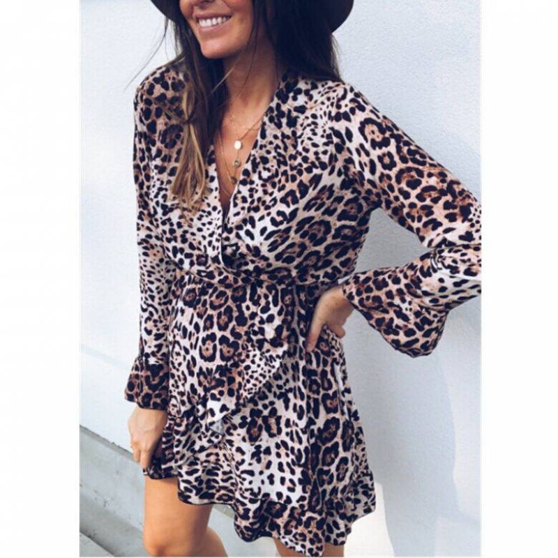 Sexy Leopard  Long Sleeve V-neck Bodycon Dress