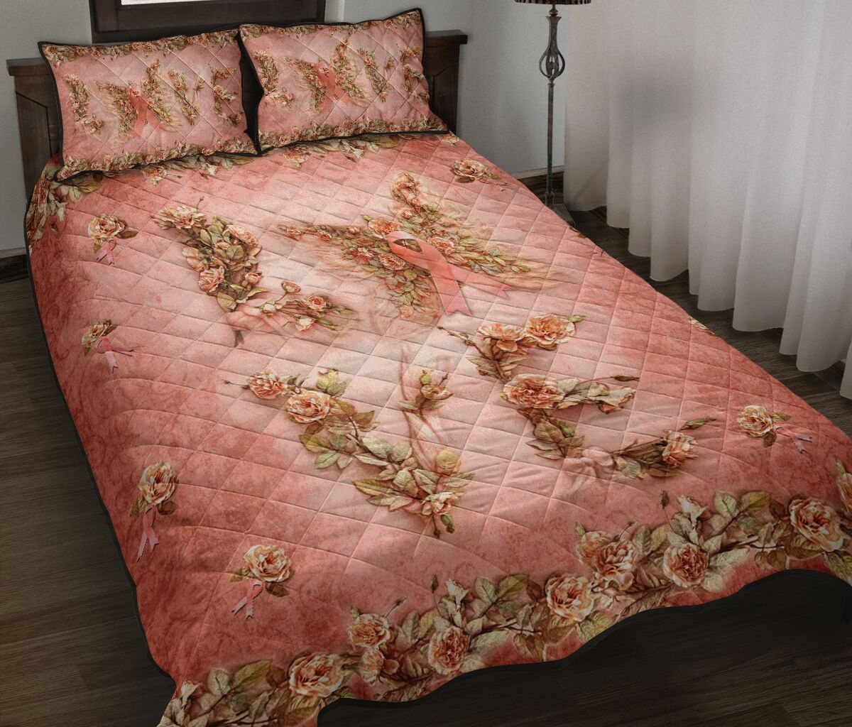 Floral Love Butterfly Breast Cancer Awareness Quilt Set 0622