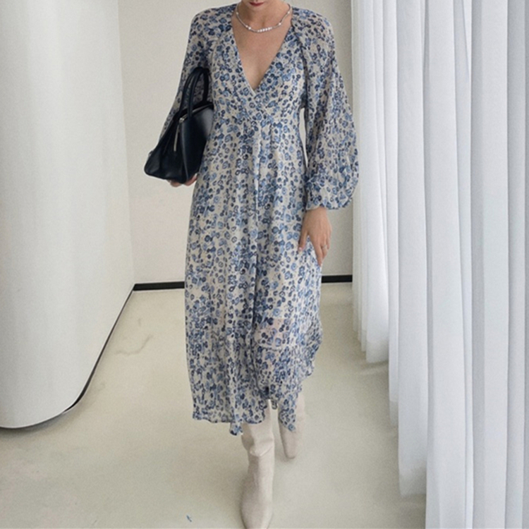 2021 New Women Spring Autunm Dresses Casual Vintage Print Floral High Waist V-Neck Fashionable Pleated Elegant Long Dress DR6749 alx