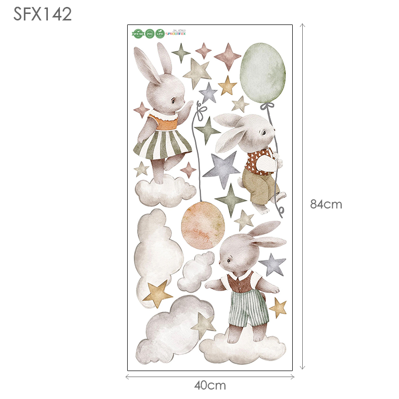 Cartoon Bunny Moon and Stars Wall Stickers Animals Nordic Gentle Rabbit Hot Air Balloon Sticker Kids Room Decoration Wallpaper alx