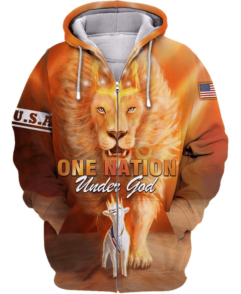 U.S.A One Nation Under God Lion with Lamb Hoodie 3D #Va