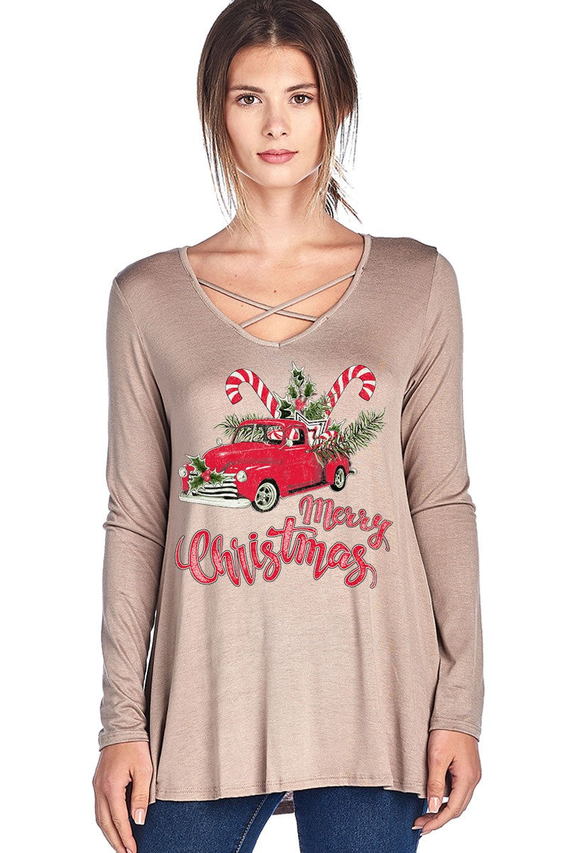 Sale Merry Christmas Candy Cane Truck Holiday Criss Cross Long Sleeve Shirt