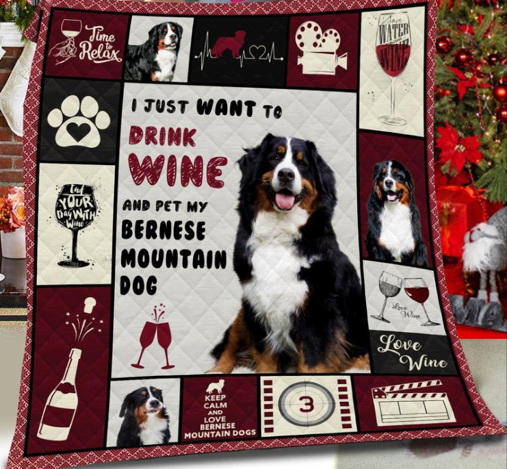 Bernese Mountain Dog & Wine Blanket 3D Printing Gift For Bernese Moutain Dog Lover Gift Home Decor Bedding Couch Sofa Soft And Comfy Cozy