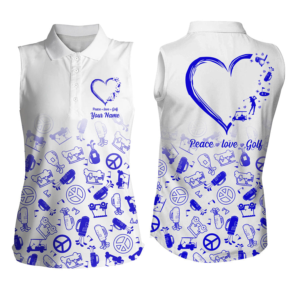 Womens Sleeveless Polo Shirts Custom Blue Heart Peace Love Golf, Personalized Golf Shirts For Women