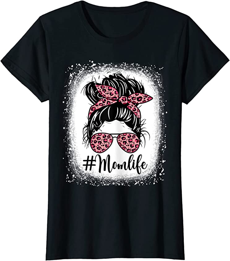 Womens MomLife Glasses Headband Mom Life Bleached Leopard Messy Bun T-Shirt