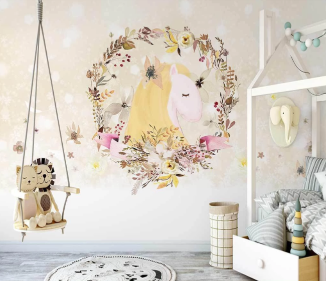 3D Cartoon Floral Unicorn Animal Pink Wall Mural Wallpaper Lxl