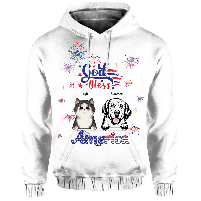 (Custom Personalised) 4Th Of July – God Bless Usa Zip Up And Pullover Hoodie Pets With Fireworks – White Lt8